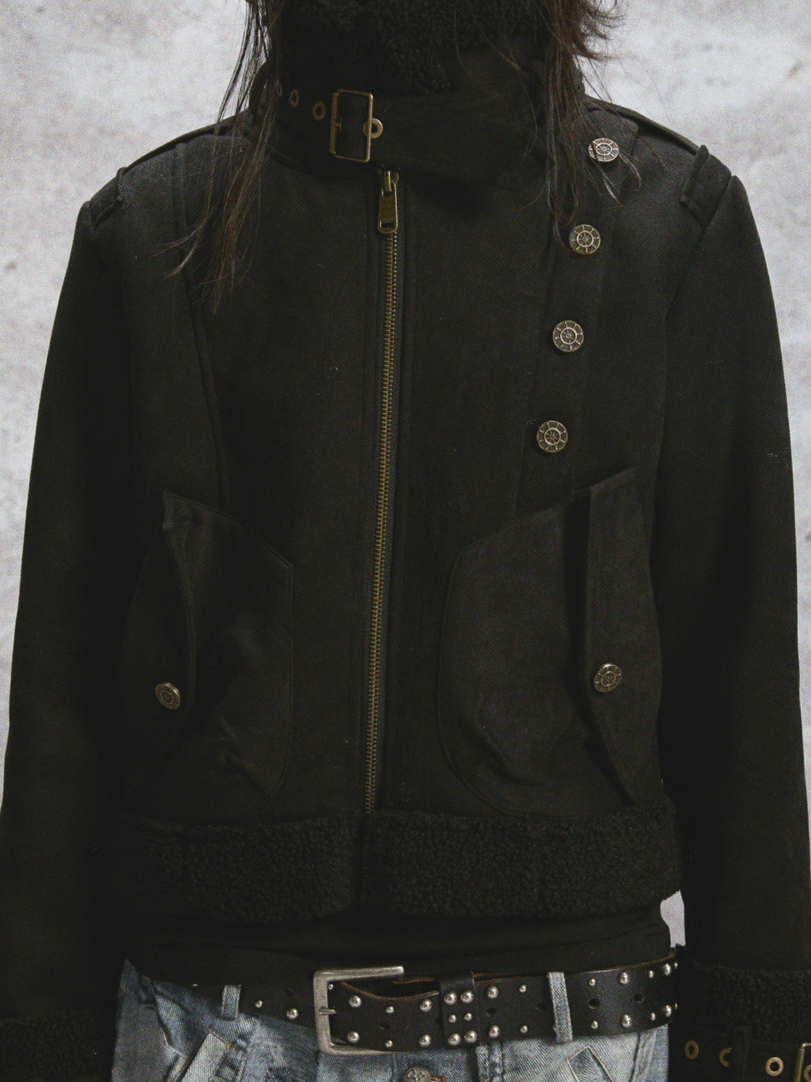 Boa Stand-Collar Vintage Thick Leather-Jacket