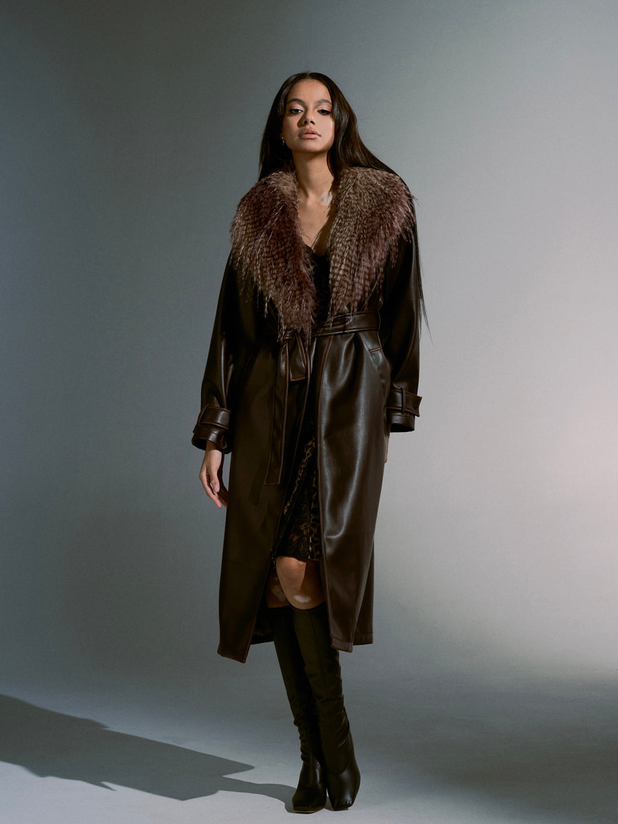 Leather Fue High-End Elegant Long-Coat