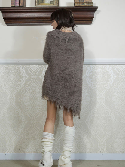 Asymmetry Button Long Oversize Fluffily Mohair-Knit