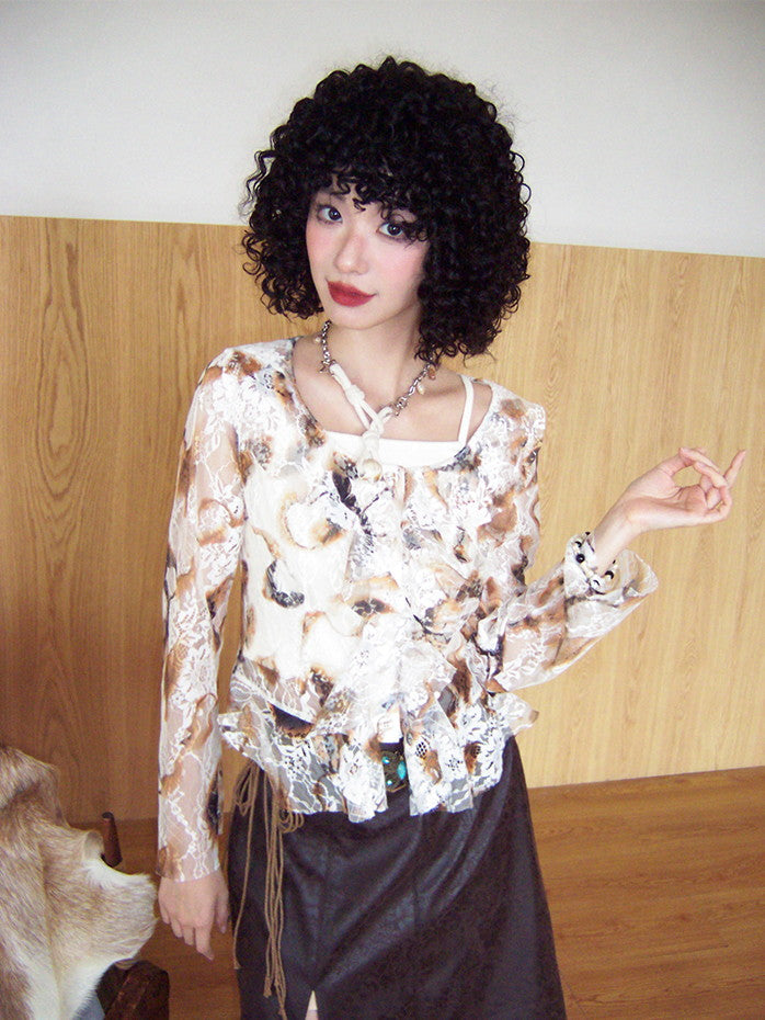 Set-Up Lace See-Through Retro Flower Frill Blouse