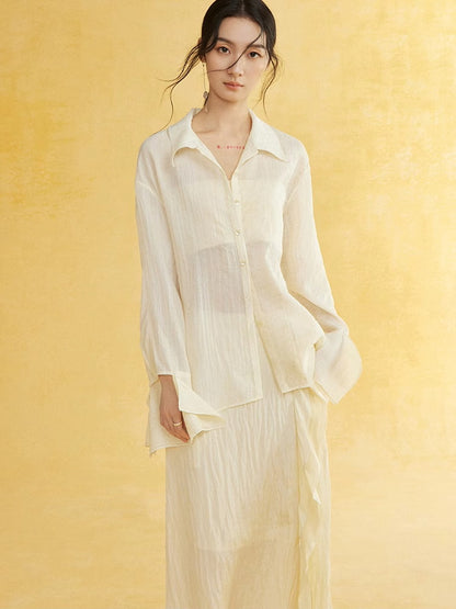 Side-Button Natural Sheer Oversuze Shirt