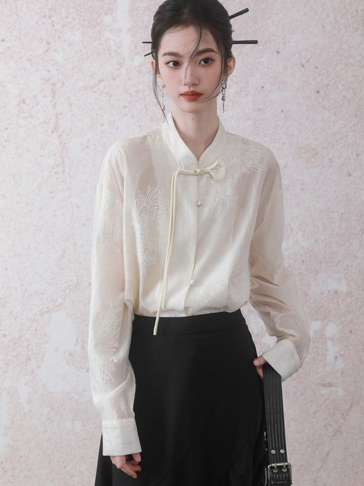 China Oversize See-Through Flower Embroidery Blouse