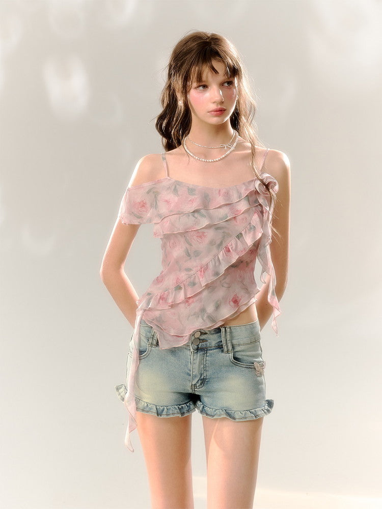 Asymmetry Ciffon Frill Flower Rose Drape Tops