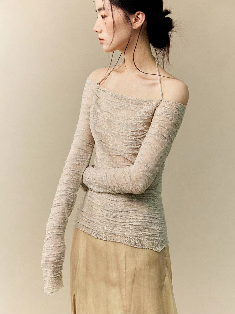 Wrinkled Sheer Gather Nichi Tight Halter-Neck Off-Shoulder Classy Knit