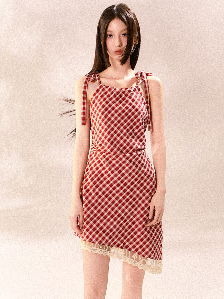 Checked Girly Asymmetry Lace Shoulder-Ribbon Dress