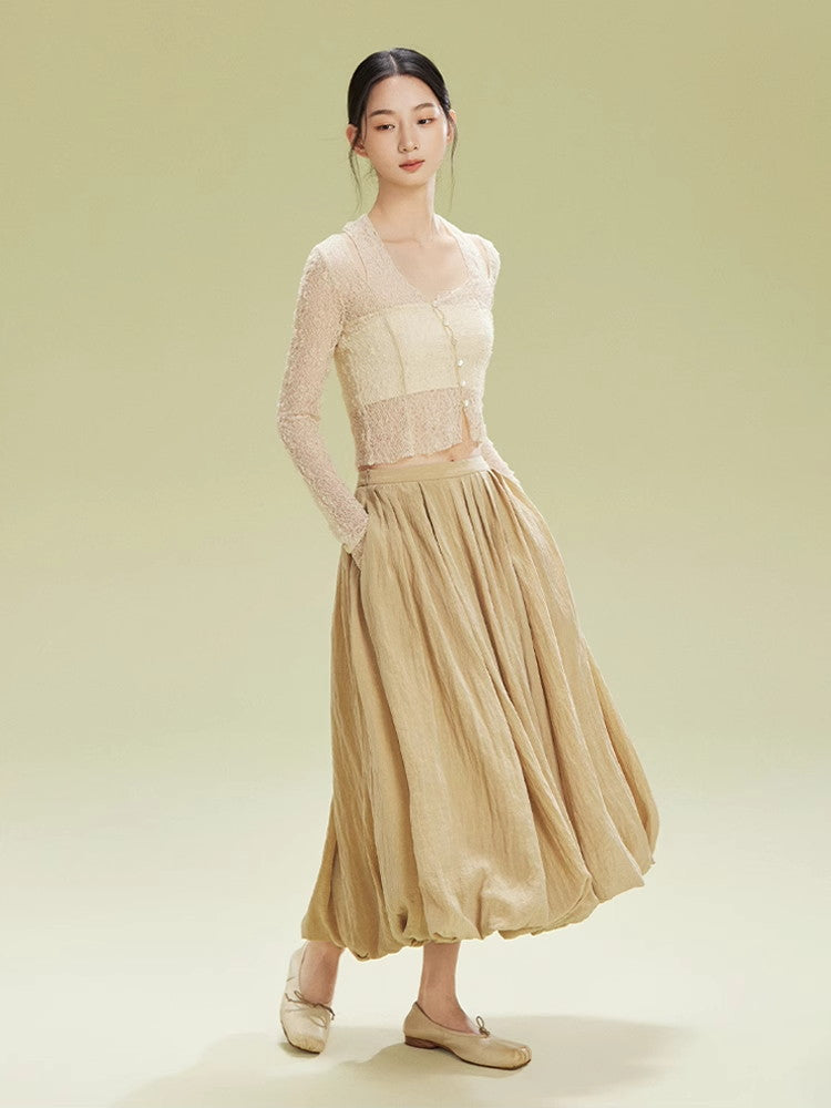 Crumply Wrinkled Balloon Natural Long-Skirt