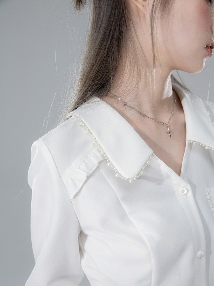 Pearl V-Neck Feminine Shape Simple Blouse