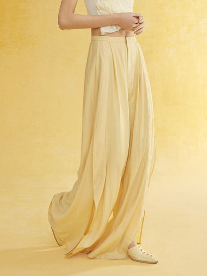 Natural Slit Wide-Leg Wrinkled Plain Flare-Pants