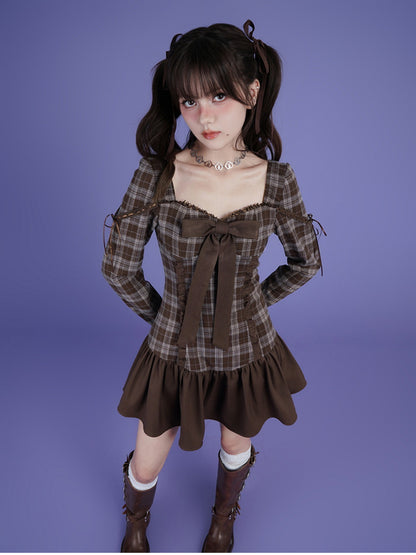 Checked Girly Ribbon Gather Girly Slimone-Piece