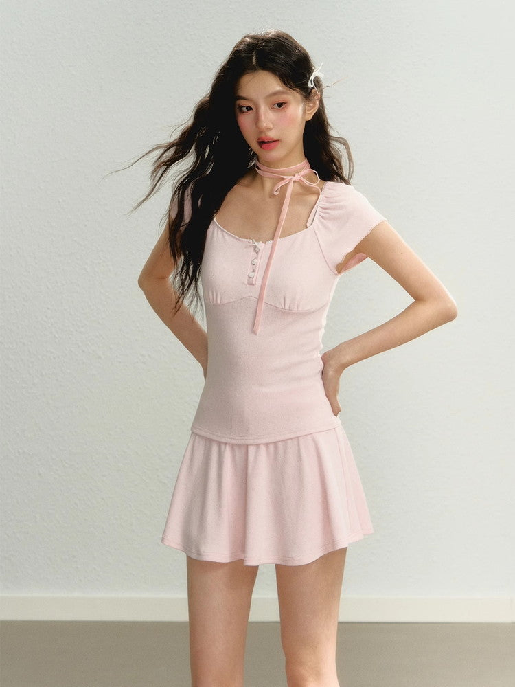 Set-Up Ribbon Feminine Plain Tops＆Mini-Skirt＆Bolero