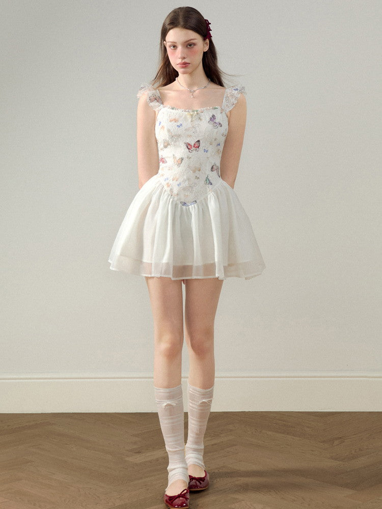 Embroidery Butterfly Lace Ribbon Ciffon Ceminine Fluffily Short Dress