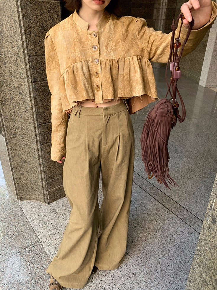 High-Waist Natural Loose Plain Wide-Pants