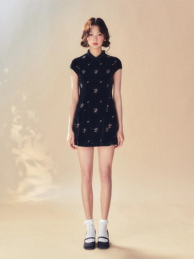 Velvet Short Embroidery Flower China Puff-Sleeve Dress