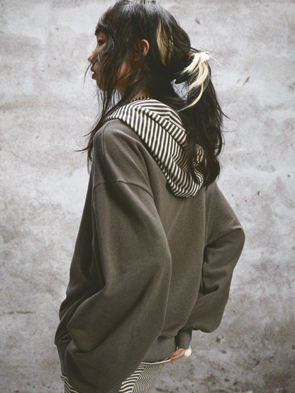 Fake-Layered Print Border Hoodie Casual Oversize Pullover