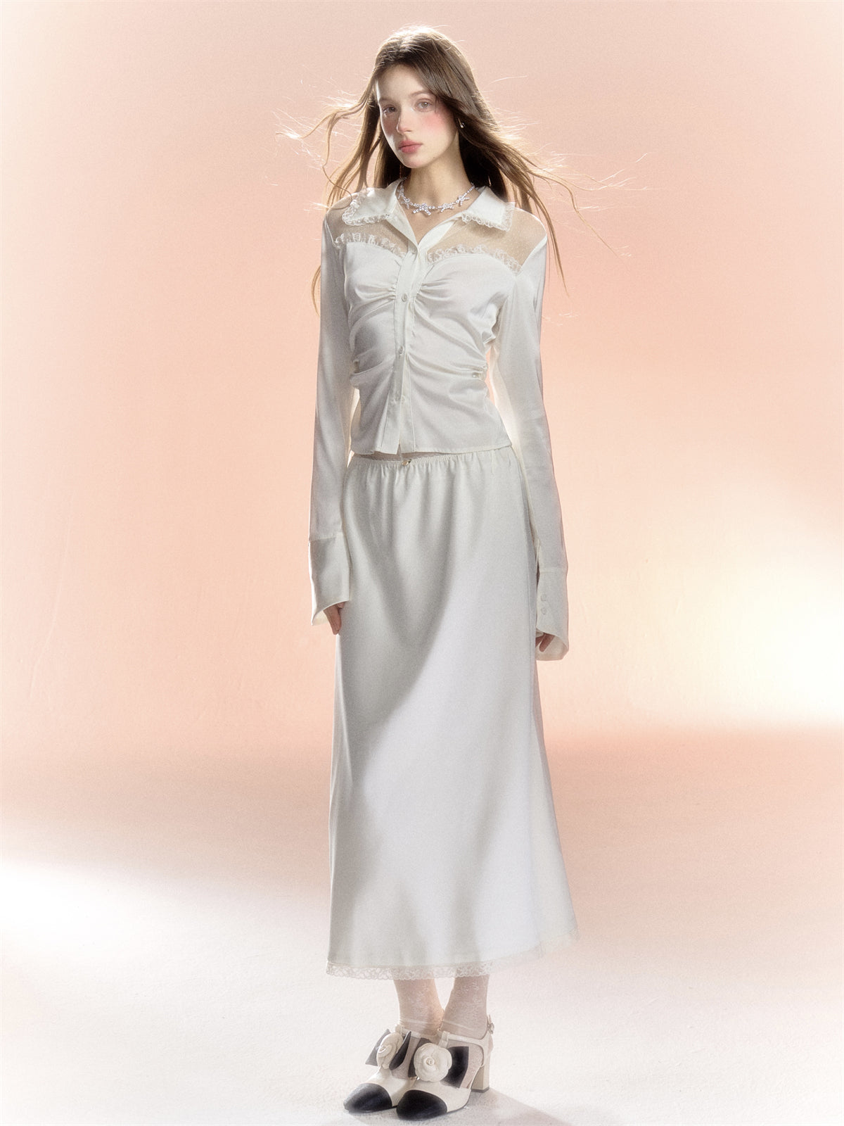 Satin Lace Feminine See-Through Frill Plain Fower Long Skirt Blouse&amp;Skirt