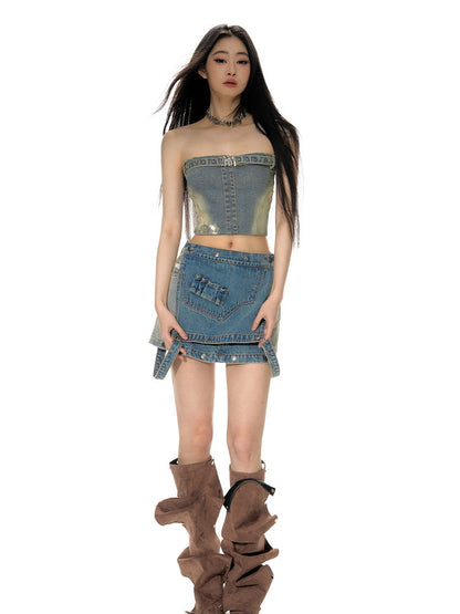 3Way Denim Washed Casual Nichi Skirt