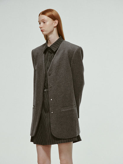 No-Collar V-Neck Oversize Plain Wool Jacket