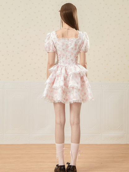 Flower Lace-Up Puff-Sleeve Feminine Tiered Lace Dress