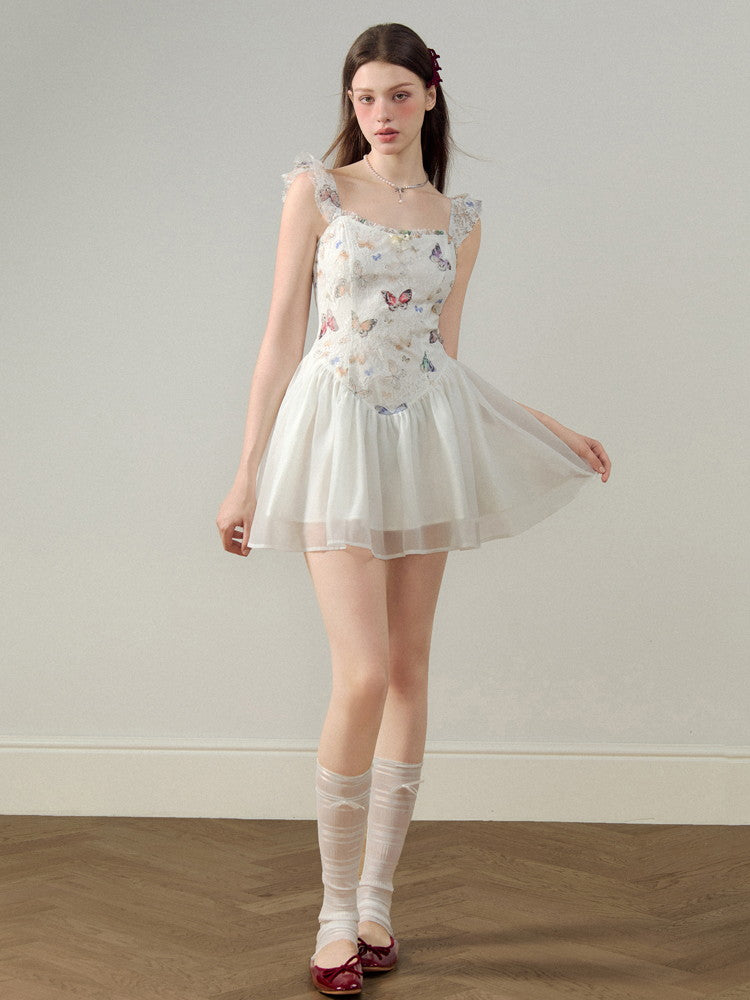 Embroidery Butterfly Lace Ribbon Ciffon Ceminine Fluffily Short Dress