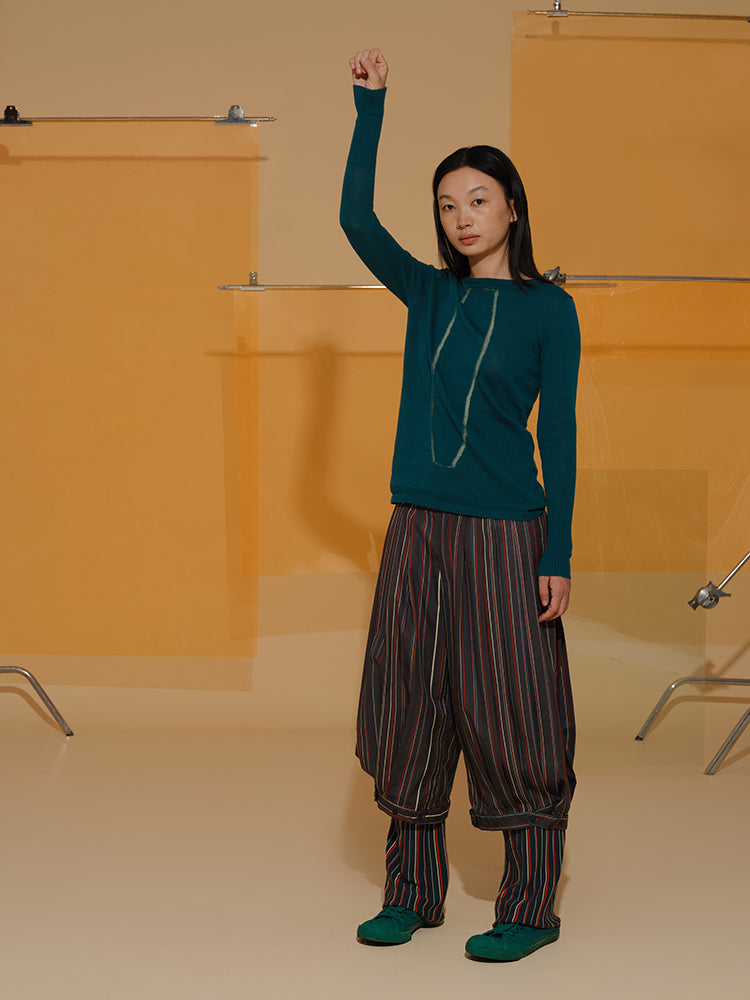 Cropped Half Stripe Ethnic Balloon-Pants