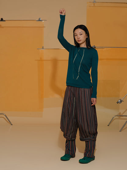 Cropped Half Stripe Ethnic Balloon-Pants