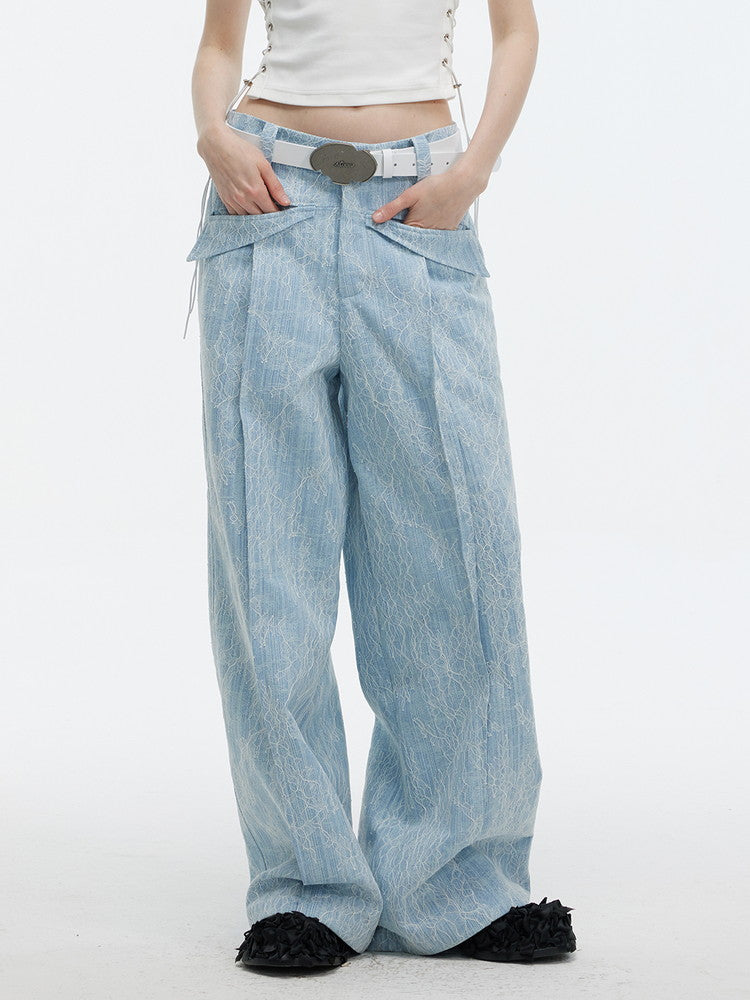 Denim Embroidery Flower Wide-Leg Casual Pants