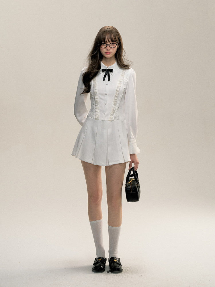 Shirt Frill Lace Ribbon Box-Pleats Dress