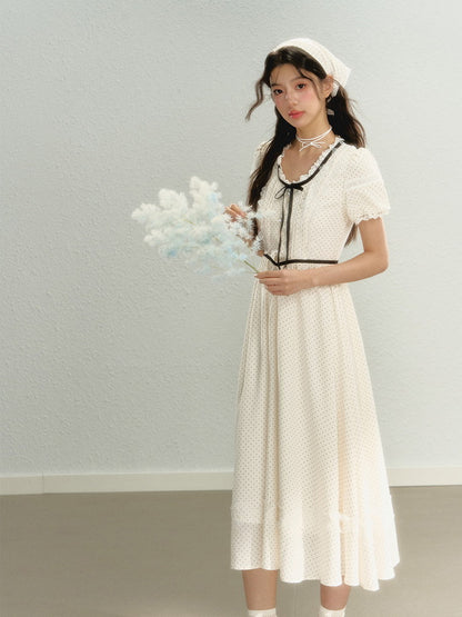 Girly Dot Lace Long Retro Ribbon Dress