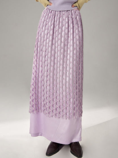 Sparkly Mesh Knit Unique Nichi Plain Satin Long-Skirt