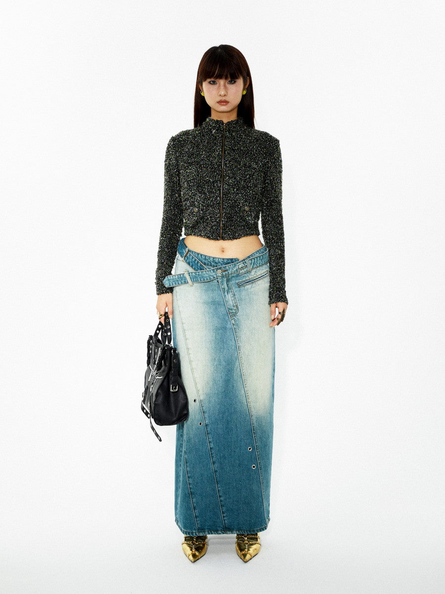 Faded-Denim Pencil-Skirt Casual Maxi Long-Skirt