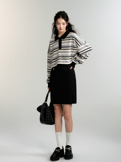 Polo-Neck Border Balloon-Sleeve Loose Knit