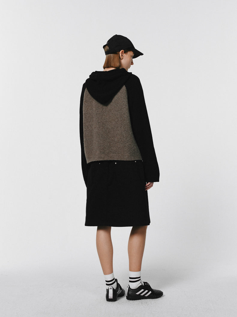 Knit Hoddie Bi-Color Simple Parlka Wool-Tops