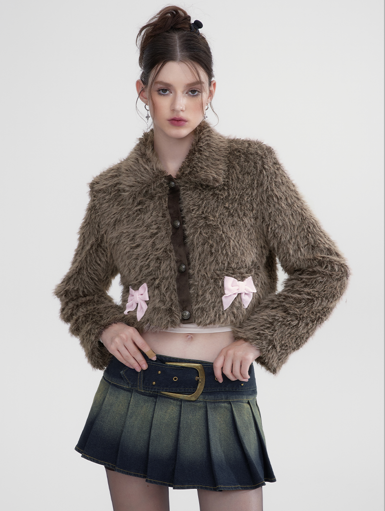 Ribbon Cute Short Fluffily Retro Boa-Jacket