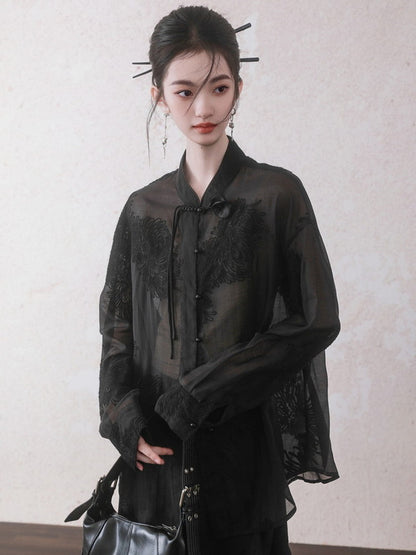 Oversize See-Through Flower Embroidery Blouse