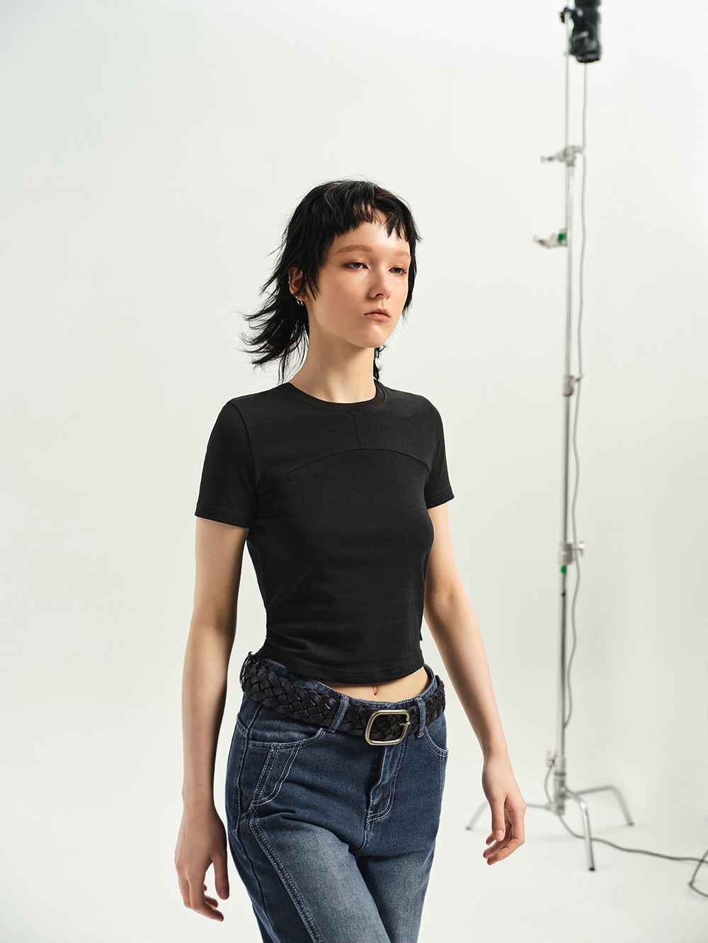 Crew-neck Cropped Plain T-shirt