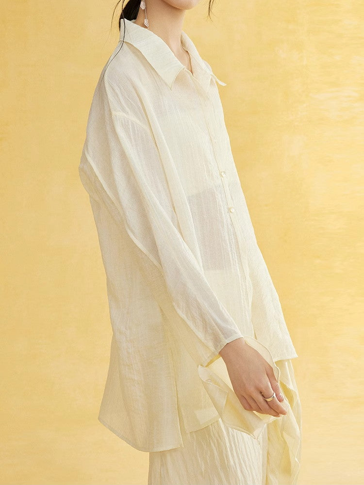 Side-Button Natural Sheer Oversuze Shirt