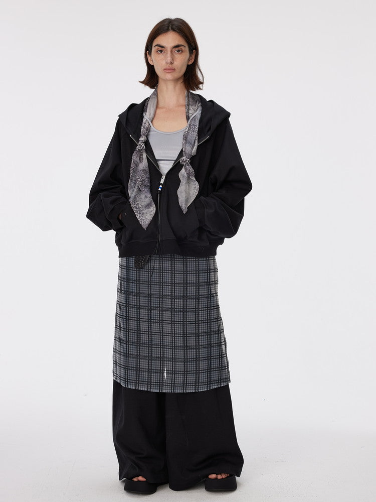 Checked See-Through Layered Elastic-Waist Back-Slit Long-Skirt