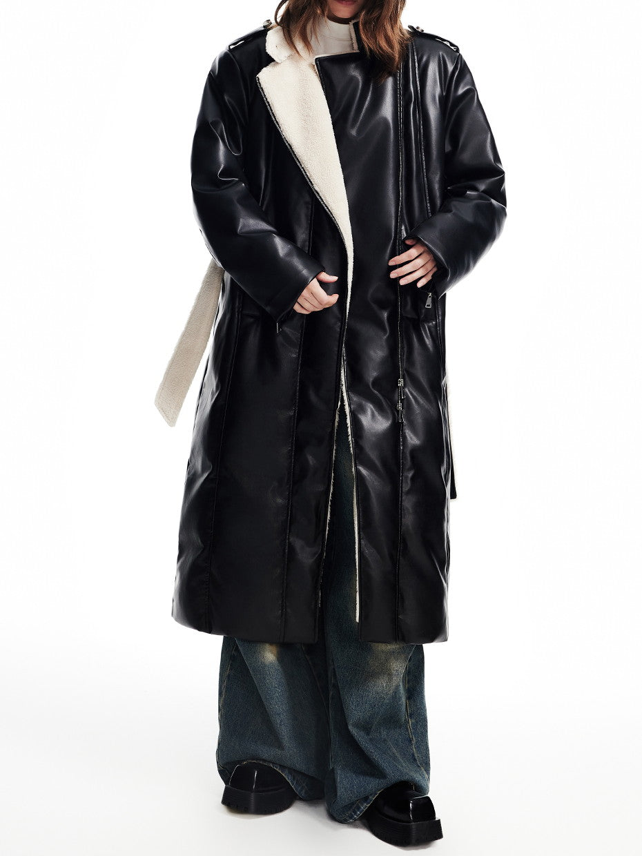 Leather High-End Boa Stand-Collar Plain Overzie Zip Long-Coat ...