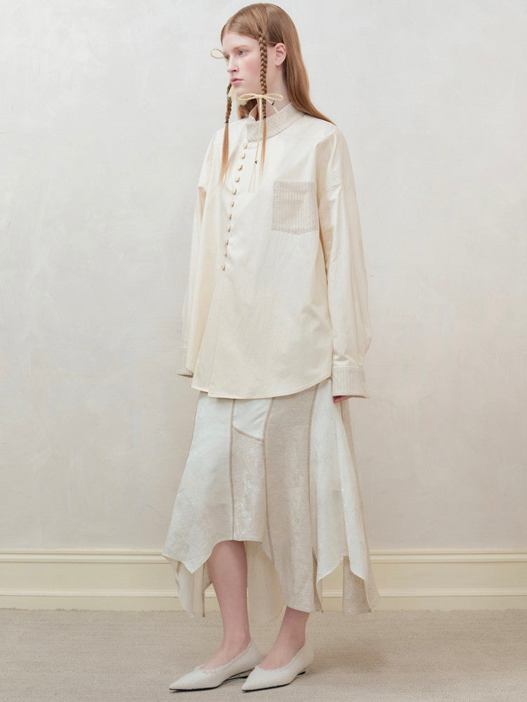 Oversize China Side-Button Band-Collar Shirt