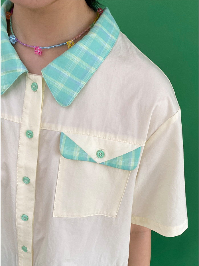 Checked Girly Retro Natural Half-Sleeve Shirt