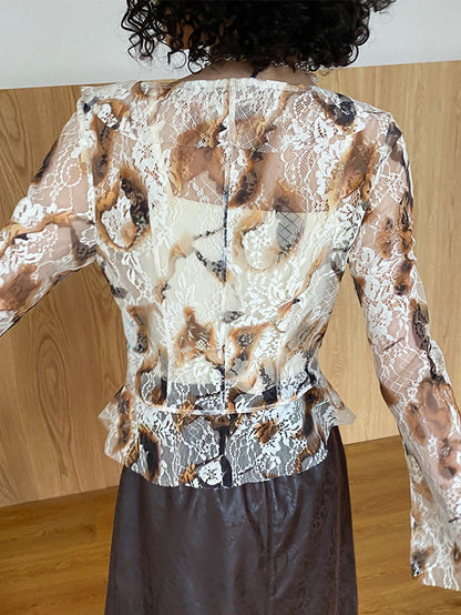 Set-Up Lace See-Through Retro Flower Frill Blouse