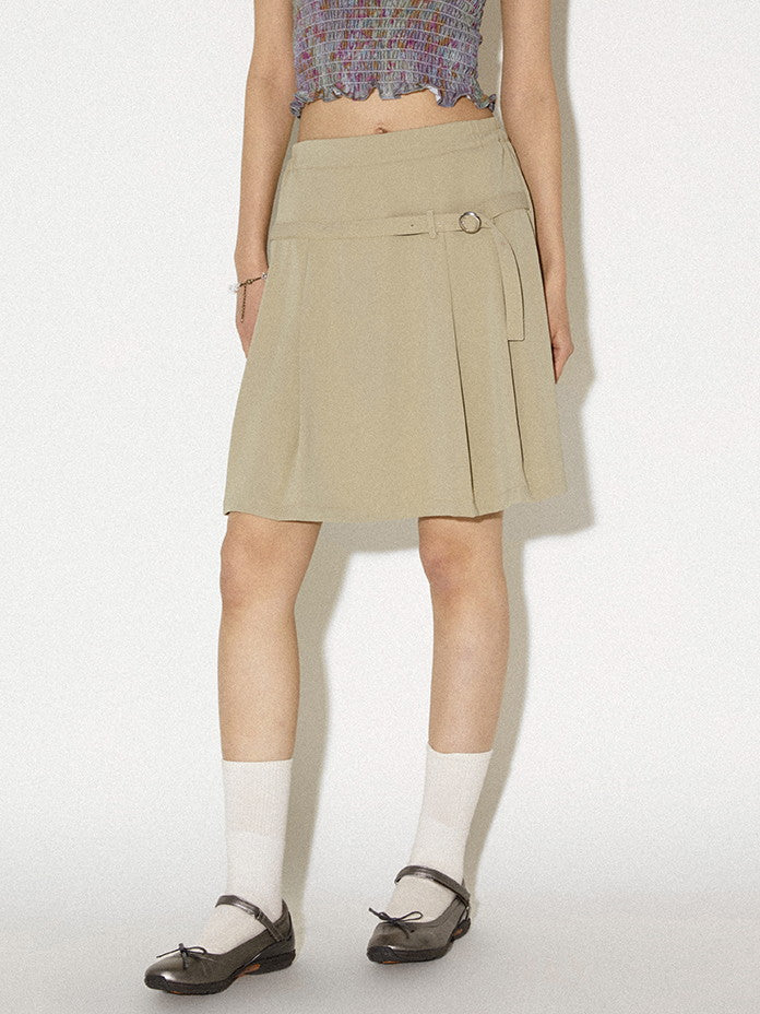 Box-Pleats Simple Belt Casual Middle Plain Skirt