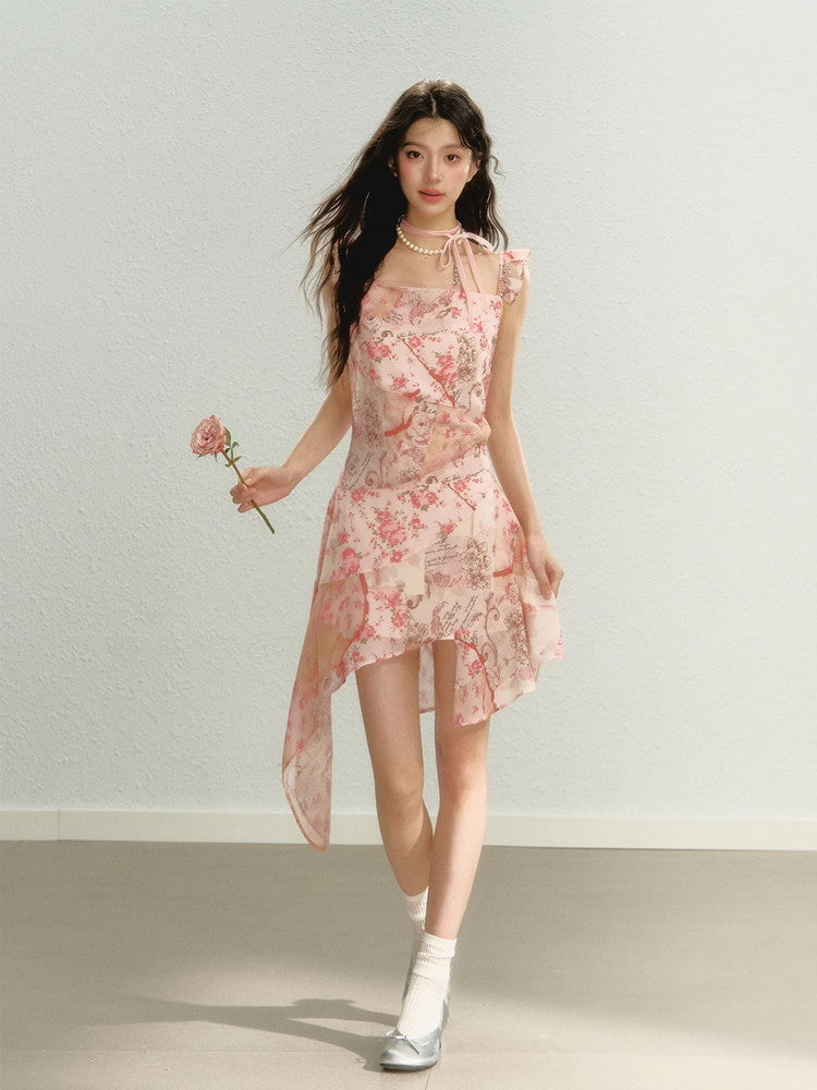 Flower Asymmetry Glossy Short Dress