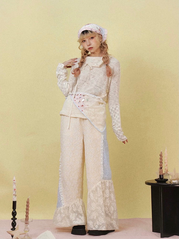 Frill Fancy Wide-Leg Patchwork Flower Cute Lace-Pants