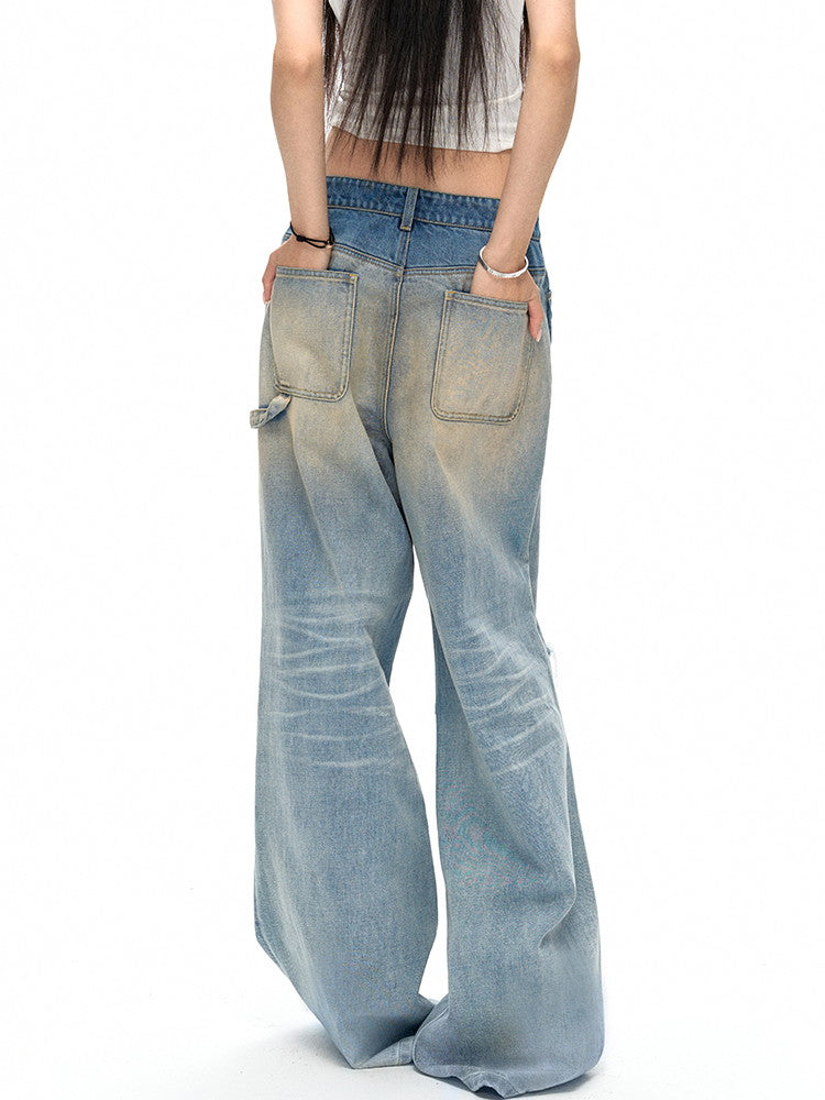 Damage Crush Straight Loose Wide Faded Denim-Pants