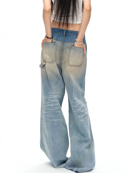 Damage Crush Straight Loose Wide Faded Denim-Pants