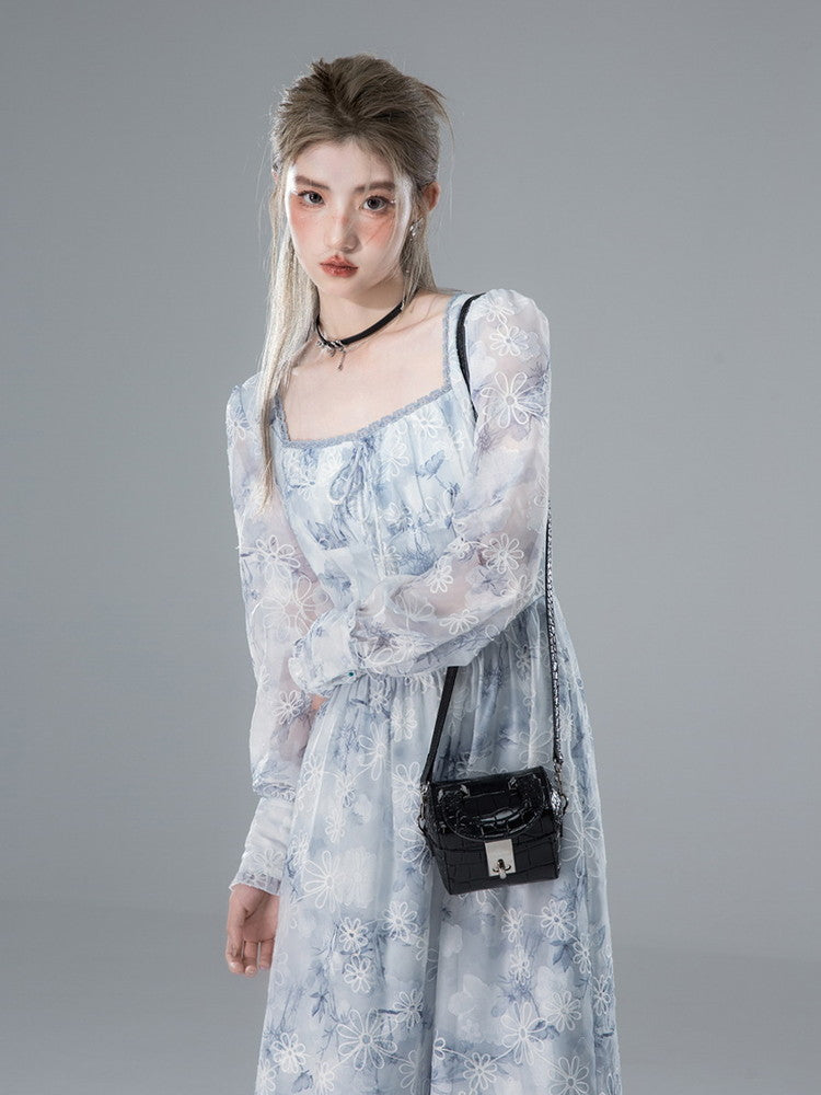 Tie-Dye Flower Tiered Square-Neck Sheer Long Dress