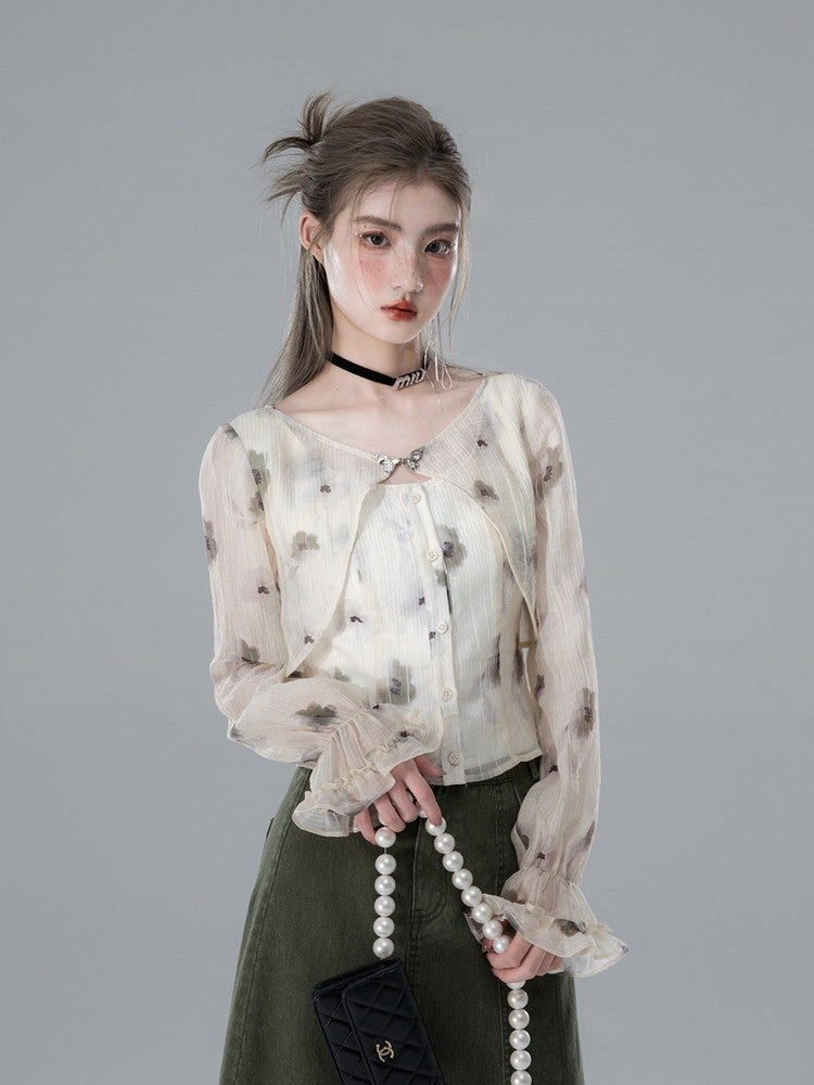 Ciffon Flower Balloon-Sleeve Sheer Retro Blouse