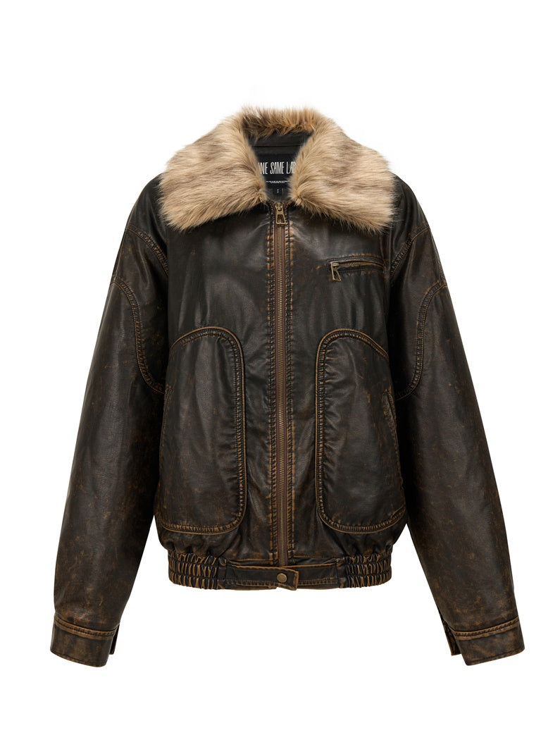 Leather Handsome Fur-Collar Faded Vintage Jacket