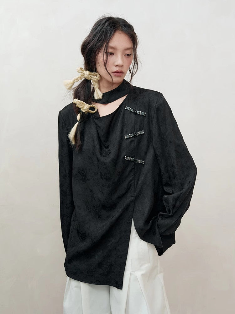 Flower Embroidery Satin China Oversize Shirt